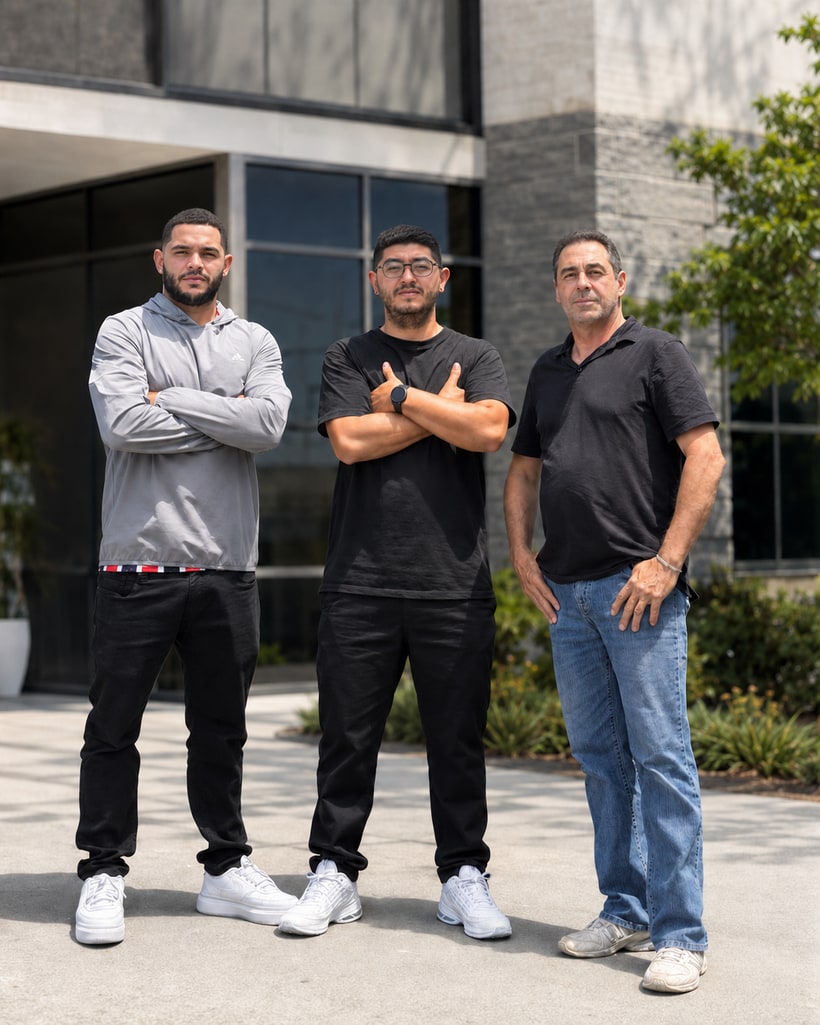 Three experienced Cali Construction and Remodeling professionals posing together at a residential construction site