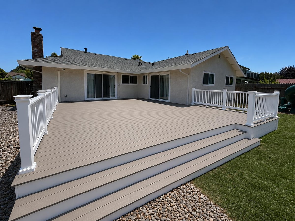 Finished backyard deck with wide steps, white railing, and sliding patio doors