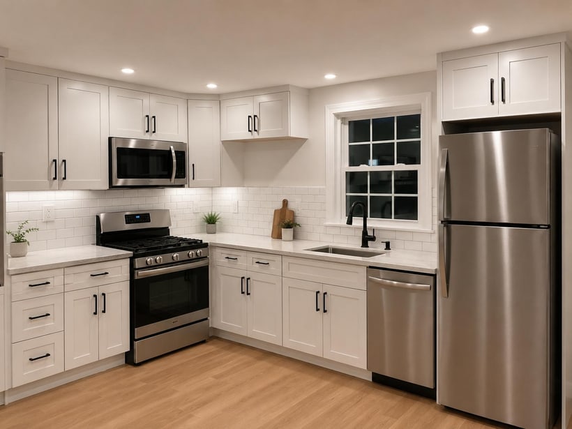Finished kitchen remodel with white shaker cabinets, subway tile backsplash, stainless appliances, and light wood flooring